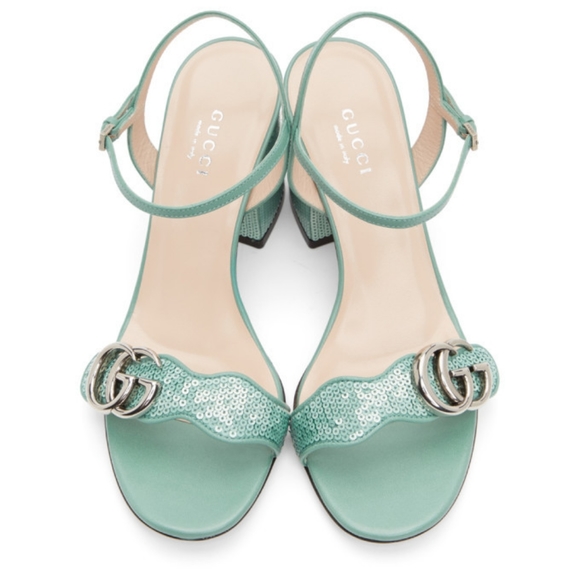 Gucci Green Sequin Gg Marmont Mid Heeled Sandals - Picture 4 of 13